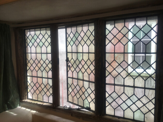 restoration stained glass leaded windows, pale tints and honeycomb pattern