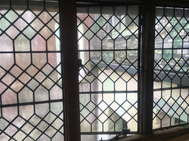 restoration stained glass leaded windows, pale tints and honeycomb pattern